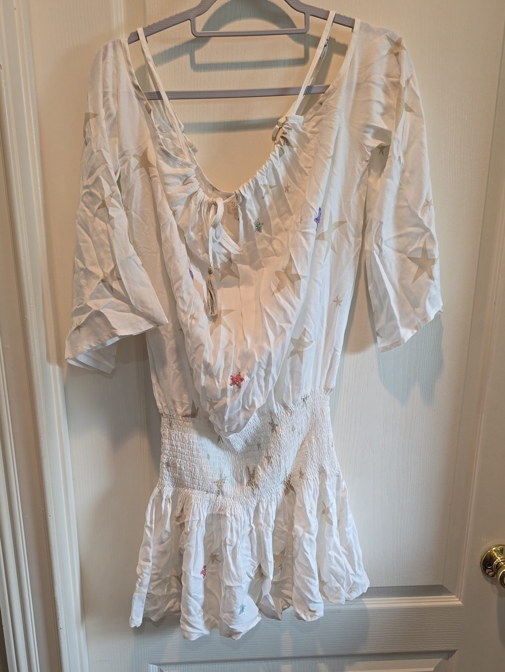 Surf Gypsy White Star-Print Mini Dress with Smocked Waist